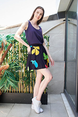 Kadın Vual Desenli Yüksek Bel Fırfırlı Mini Etek -Lacivert Çiçek 