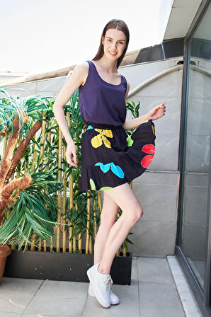 Kadın Vual Desenli Yüksek Bel Fırfırlı Mini Etek -Lacivert Çiçek 