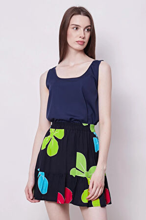 Kadın Vual Desenli Yüksek Bel Fırfırlı Mini Etek -Lacivert Çiçek 