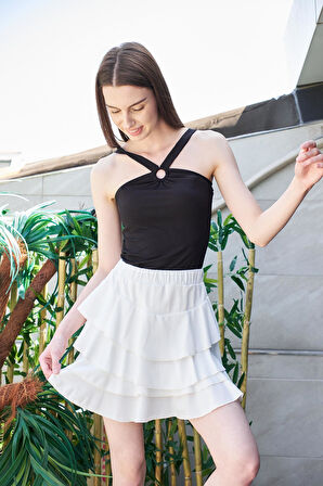 Yazlık Kumaş Fırfırlı Diz Üstü Mykonos Etek-Beyaz