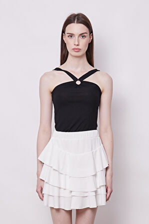 Yazlık Kumaş Fırfırlı Diz Üstü Mykonos Etek-Beyaz