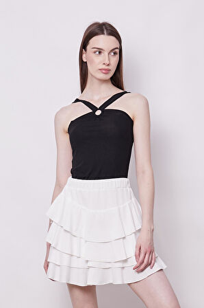 Yazlık Kumaş Fırfırlı Diz Üstü Mykonos Etek-Beyaz