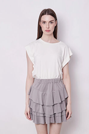 Yazlık Kumaş Fırfırlı Diz Üstü Mykonos Etek-Gri