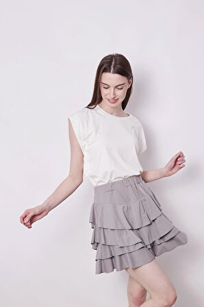 Yazlık Kumaş Fırfırlı Diz Üstü Mykonos Etek-Gri