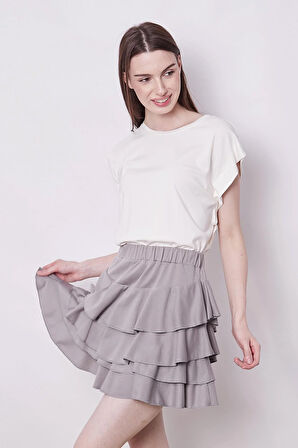 Yazlık Kumaş Fırfırlı Diz Üstü Mykonos Etek-Gri