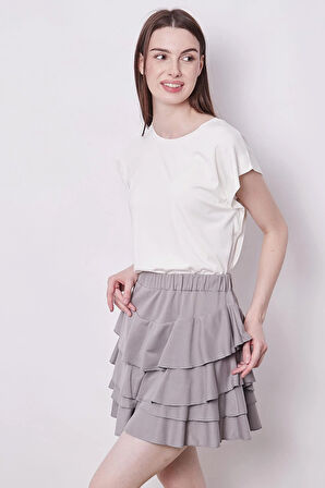 Yazlık Kumaş Fırfırlı Diz Üstü Mykonos Etek-Gri