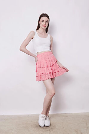 Yazlık Kumaş Fırfırlı Diz Üstü Mykonos Etek-Mercan