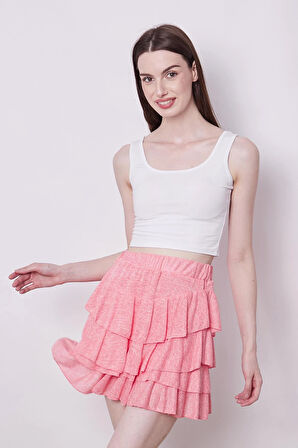 Yazlık Kumaş Fırfırlı Diz Üstü Mykonos Etek-Mercan