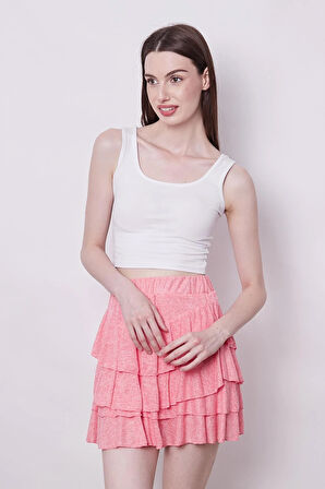 Yazlık Kumaş Fırfırlı Diz Üstü Mykonos Etek-Mercan