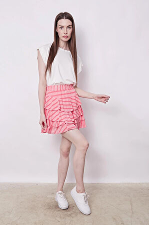 Fırfırlı Desenli Yazlık Kumaş Çizgili Dizüstü Mykonos Etek-Mercan Çizgi