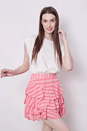 Fırfırlı Desenli Yazlık Kumaş Çizgili Dizüstü Mykonos Etek-Mercan Çizgi