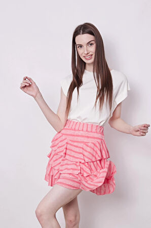 Fırfırlı Desenli Yazlık Kumaş Çizgili Dizüstü Mykonos Etek-Mercan Çizgi