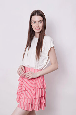 Fırfırlı Desenli Yazlık Kumaş Çizgili Dizüstü Mykonos Etek-Mercan Çizgi