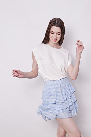 Fırfırlı Desenli Yazlık Kumaş Çizgili Dizüstü Mykonos Etek-Mavi Çizgi