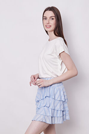 Fırfırlı Desenli Yazlık Kumaş Çizgili Dizüstü Mykonos Etek-Mavi Çizgi