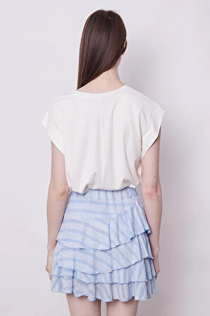 Fırfırlı Desenli Yazlık Kumaş Çizgili Dizüstü Mykonos Etek-Mavi Çizgi