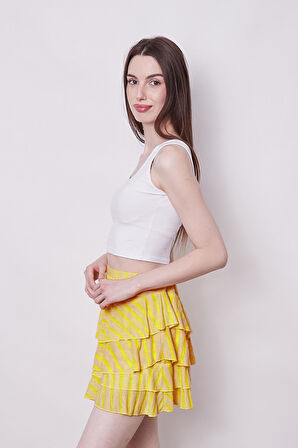 Fırfırlı Desenli Yazlık Kumaş Çizgili Dizüstü Mykonos Etek-Sarı Çizgi