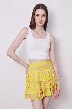 Fırfırlı Desenli Yazlık Kumaş Çizgili Dizüstü Mykonos Etek-Sarı Çizgi