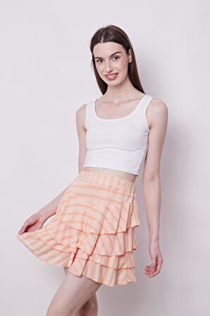 Fırfırlı Desenli Yazlık Kumaş Çizgili Dizüstü Mykonos Etek-Pudra Çizgi