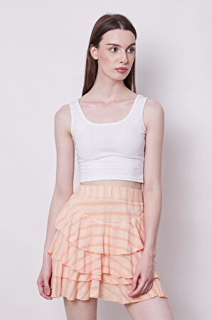 Fırfırlı Desenli Yazlık Kumaş Çizgili Dizüstü Mykonos Etek-Pudra Çizgi