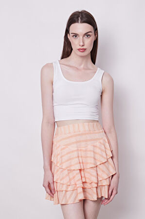 Fırfırlı Desenli Yazlık Kumaş Çizgili Dizüstü Mykonos Etek-Pudra Çizgi