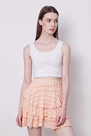 Fırfırlı Desenli Yazlık Kumaş Çizgili Dizüstü Mykonos Etek-Pudra Çizgi