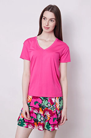 Kadın V Yaka Kısa Kol Likralı Span Kumaş Şık T-shirt Bluz-Fujya 