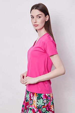 Kadın V Yaka Kısa Kol Likralı Span Kumaş Şık T-shirt Bluz-Fujya 