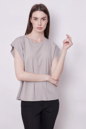Şık Likralı Span Kumaş Kolsuz Geniş Sıfır Yaka Düşük Omuzlu Basic Tshirt Bluz-Gri