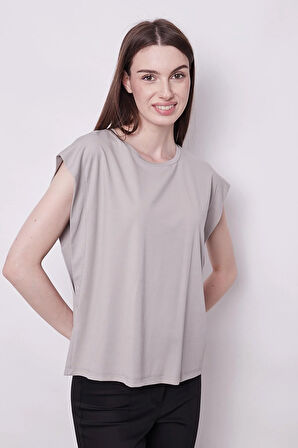 Şık Likralı Span Kumaş Kolsuz Geniş Sıfır Yaka Düşük Omuzlu Basic Tshirt Bluz-Gri