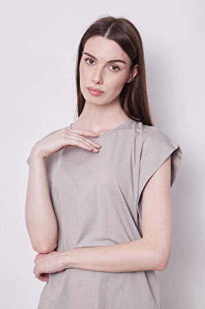 Şık Likralı Span Kumaş Kolsuz Geniş Sıfır Yaka Düşük Omuzlu Basic Tshirt Bluz-Gri
