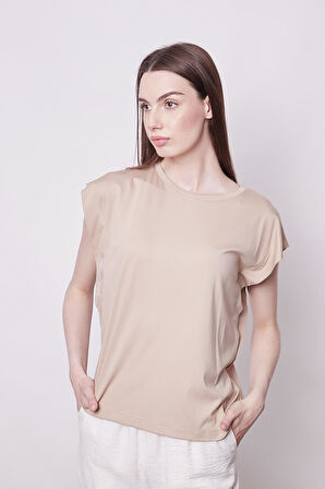 Şık Likralı Span Kumaş Kolsuz Geniş Sıfır Yaka Düşük Omuzlu Basic Tshirt Bluz-Koyu Bej