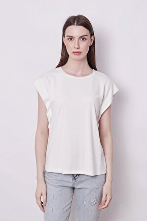 Şık Likralı Span Kumaş Kolsuz Geniş Sıfır Yaka Düşük Omuzlu Basic Tshirt Bluz-Krem