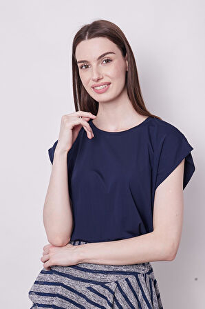 Şık Likralı Span Kumaş Kolsuz Geniş Sıfır Yaka Düşük Omuzlu Basic Tshirt Bluz-Lacivert