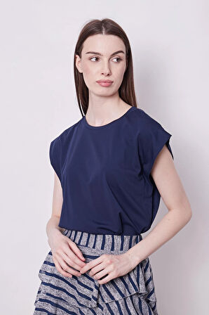 Şık Likralı Span Kumaş Kolsuz Geniş Sıfır Yaka Düşük Omuzlu Basic Tshirt Bluz-Lacivert