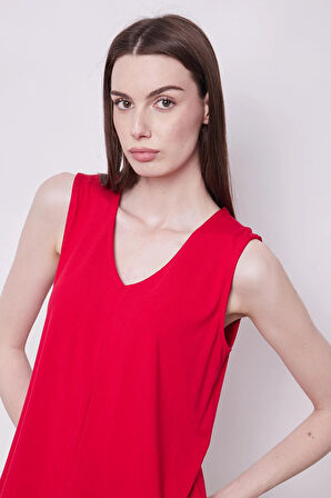 Likralı Viscon V Yaka Kolsuz Önü Pileli Rahat Kesim Bluz-Kırmızı