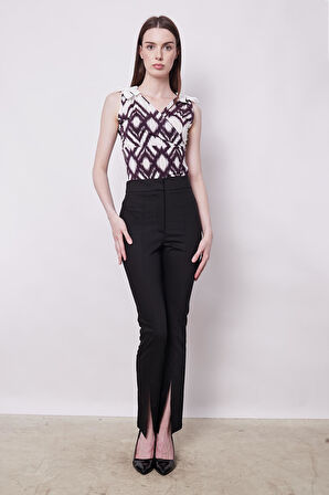 Yüksek Bel Cep Görüntülü Önden Paçası Yırtmaçlı Pantolon -Siyah 