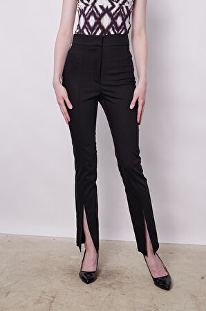 Yüksek Bel Cep Görüntülü Önden Paçası Yırtmaçlı Pantolon -Siyah 