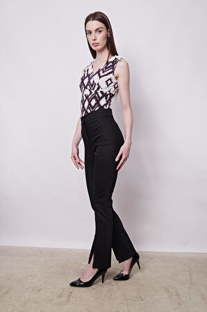 Yüksek Bel Cep Görüntülü Önden Paçası Yırtmaçlı Pantolon -Siyah 