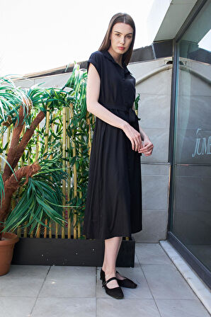 %100  Iyocell Akıcı Şık Kumaş Yakalı Düşük Omuzlu Duble Kollu Bağcıklı Midi Boy Diz Altı Elbise-Siyah 