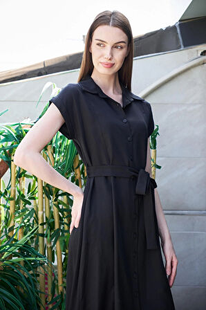 %100  Iyocell Akıcı Şık Kumaş Yakalı Düşük Omuzlu Duble Kollu Bağcıklı Midi Boy Diz Altı Elbise-Siyah 