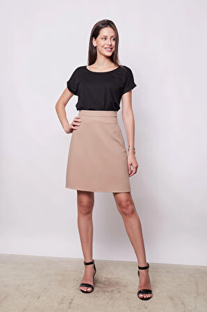 Yüksek Bel Hafif Likralı Kumaş Diz Boy Çan Etek-Vizon