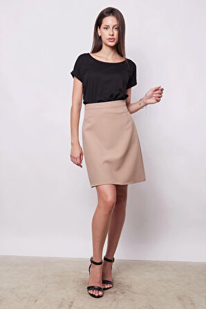 Yüksek Bel Hafif Likralı Kumaş Diz Boy Çan Etek-Vizon