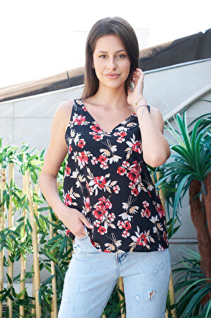 Likrasız Şık Kumaş Desenli Ön Arka V Yaka Kolsuz Ceket İçi Bluz-Siyah Çiçek