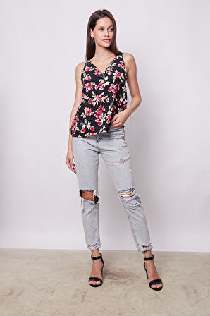 Likrasız Şık Kumaş Desenli Ön Arka V Yaka Kolsuz Ceket İçi Bluz-Siyah Çiçek