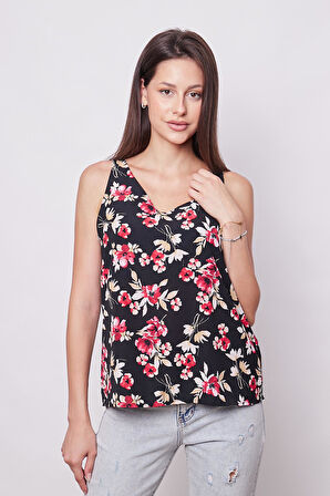 Likrasız Şık Kumaş Desenli Ön Arka V Yaka Kolsuz Ceket İçi Bluz-Siyah Çiçek