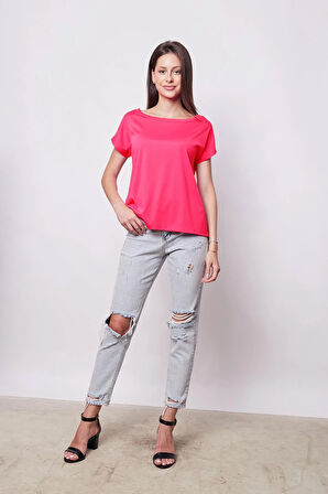 Kadın Kayık Yaka Düşük Omuzlu Kırışmaz Span Karışımlı Şık T-shirt Bluz-Fujya