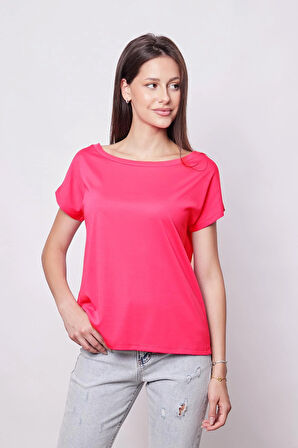 Kadın Kayık Yaka Düşük Omuzlu Kırışmaz Span Karışımlı Şık T-shirt Bluz-Fujya