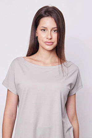 Kadın Kayık Yaka Düşük Omuzlu Kırışmaz Span Karışımlı Şık T-shirt Bluz- Gri
