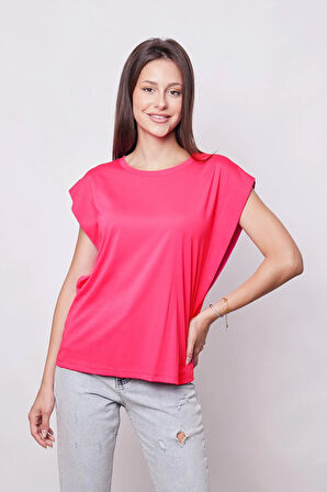 Şık Likralı Span Kumaş Kolsuz Geniş Sıfır Yaka Düşük Omuzlu Basic Tshirt Bluz-Fujya